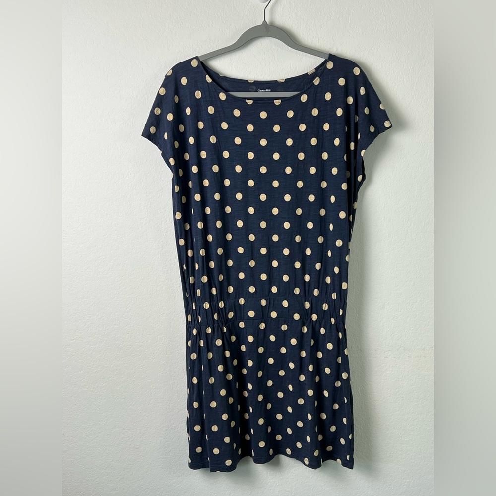 Garnet Hill Navy with Tan Polka Dot Drop Waist Cotton Dress